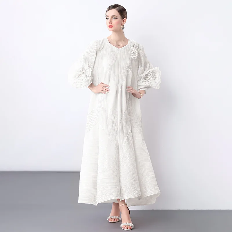 Beach Vaion Long Sve Handbestickter Blumenknospen Dr. Sommer Thi Polyesterstoff Lose Taille Gored Rock Dr