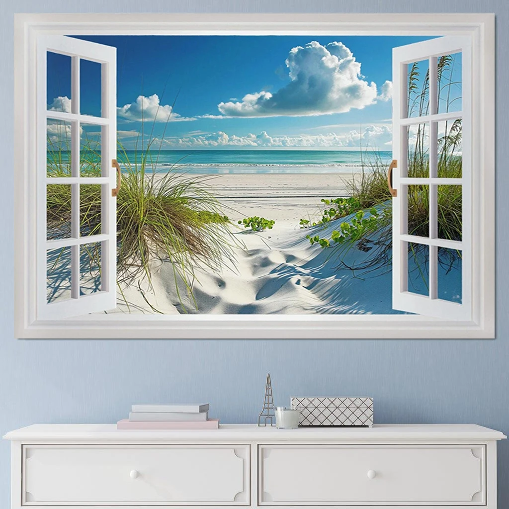 Window View Beach Sand Dunes And Grass Painting Canvas PRINT, Window Wall Art,  Home Living Room Decor, No Framed