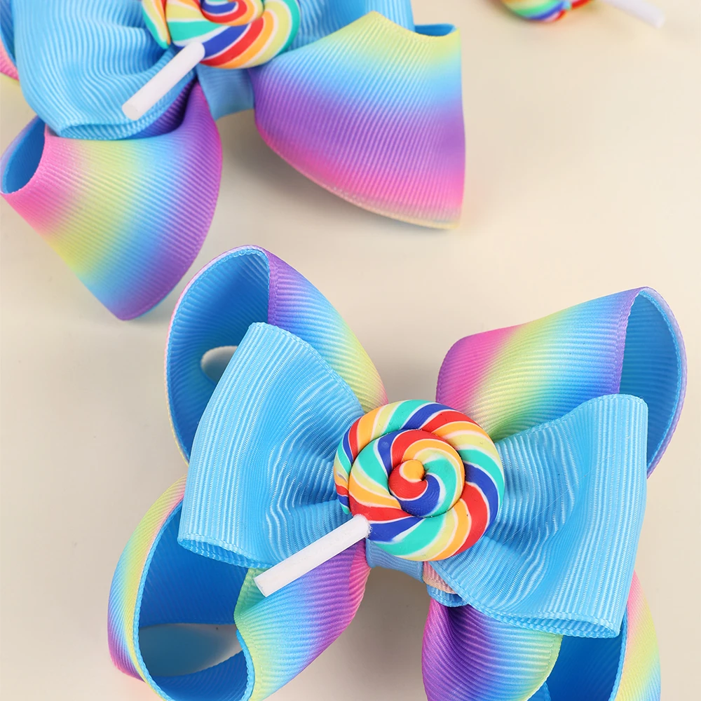 ncmama 2PCS Lovely Lollipop Hair Bow Clips Sweet Girls Candy Hairpins Rainbow Ribbon Bowknote Barrettes Kids Hair Accessories