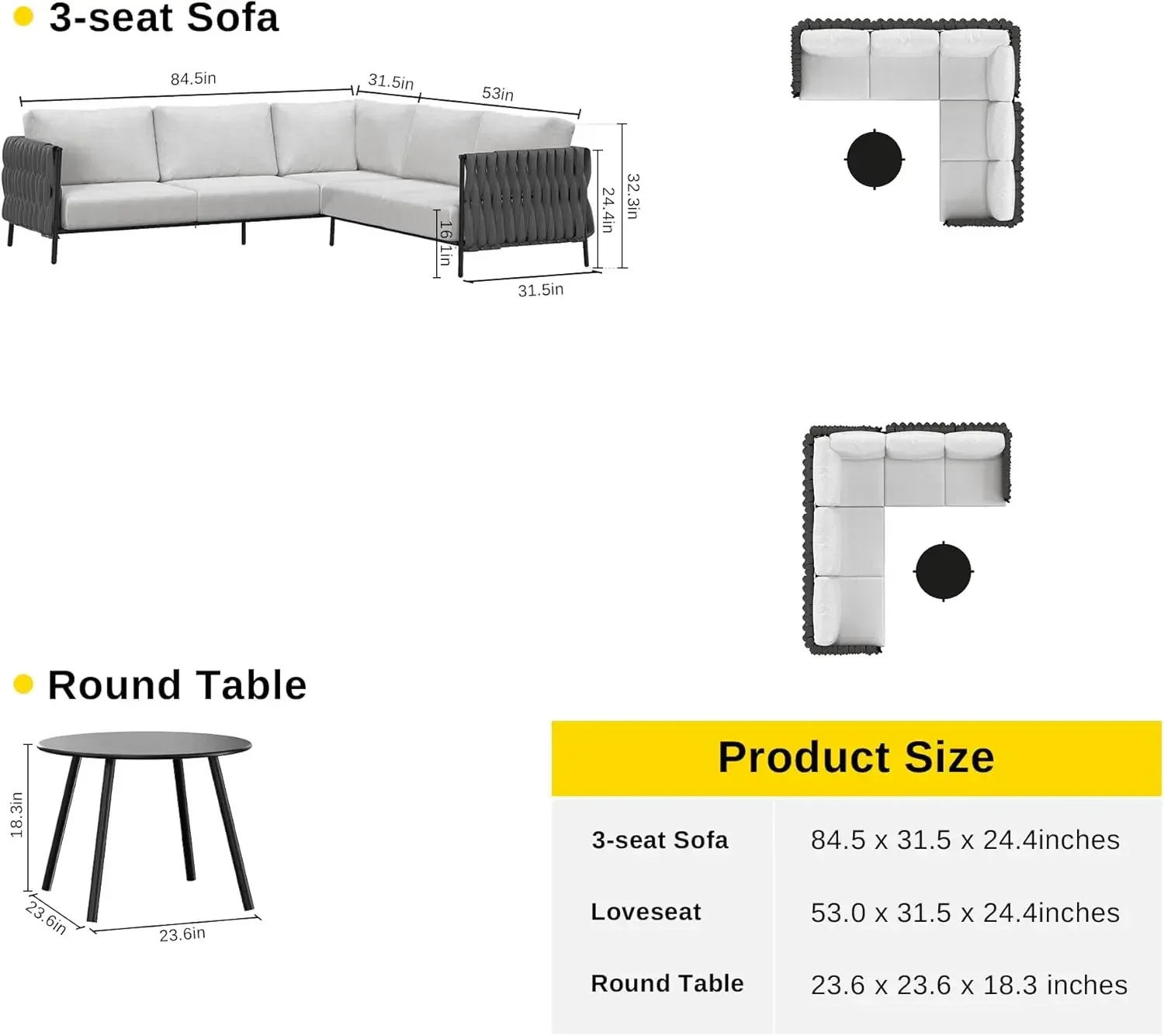 Life Chatter Outdoor Patio Furniture Set, L Shaped Corner Sofa Set with Round Coffee Table, 5 Seats Deep Seating with Thick