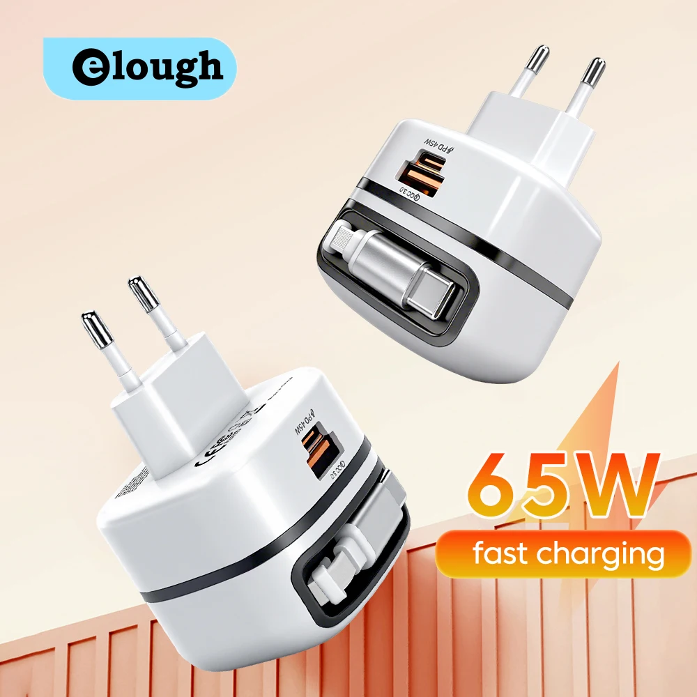 65W USB C Charger With Telescopic Cable EU UK Plug Fast Charging Charger Universal Travel Phone Charger For iPhone 15 16 ipad