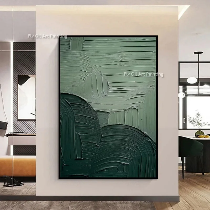 Palette Knife Handmade Two-Tone Green Textured Canvas Art, Curved Stroke Minimalist Painting, Nordic Living Room Wall Decoration