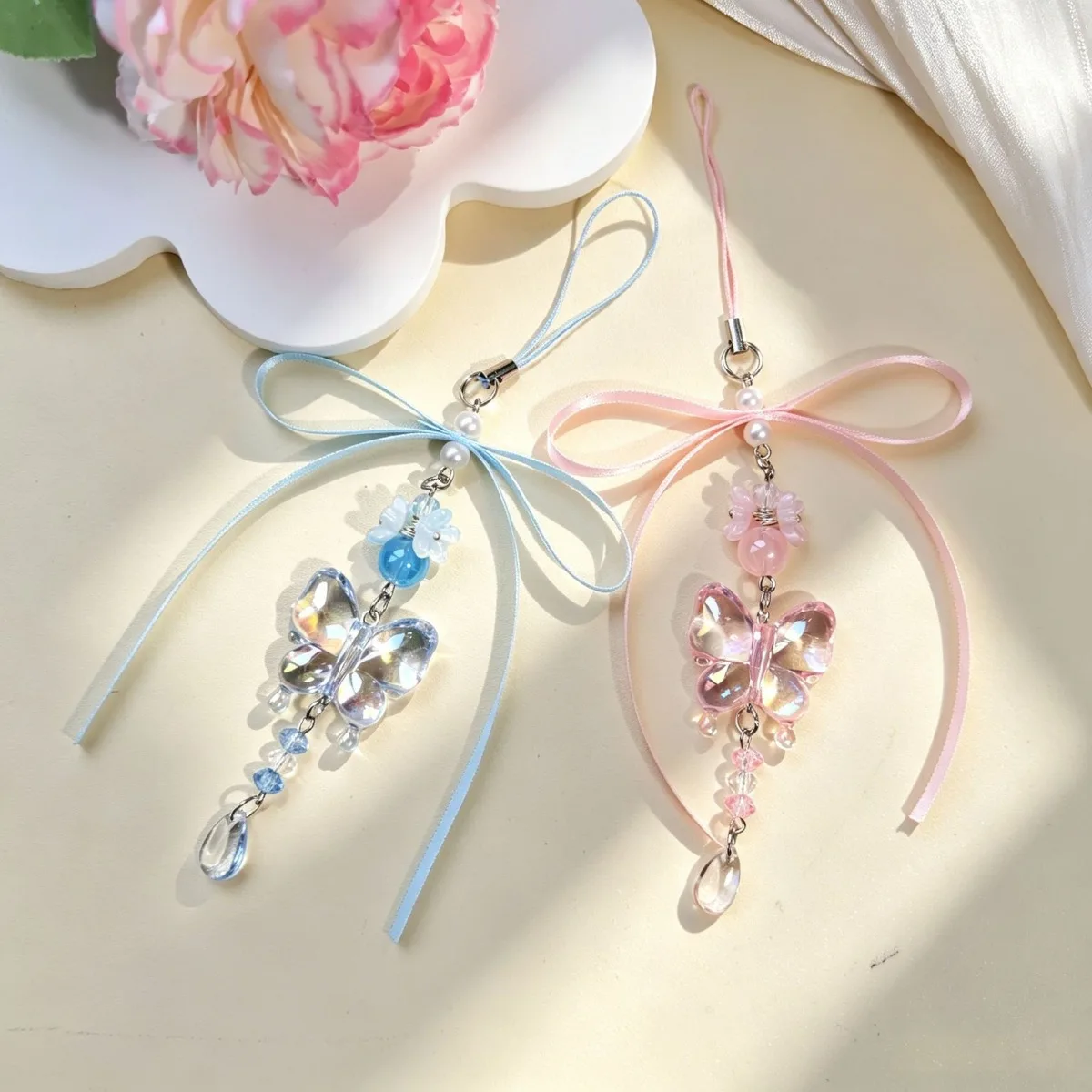 Ribbon Large Butterfly Bag Charm Keychain, UV Color Coated Phone Lanyard Strap, Cute Girly Decoration Gift for Girls