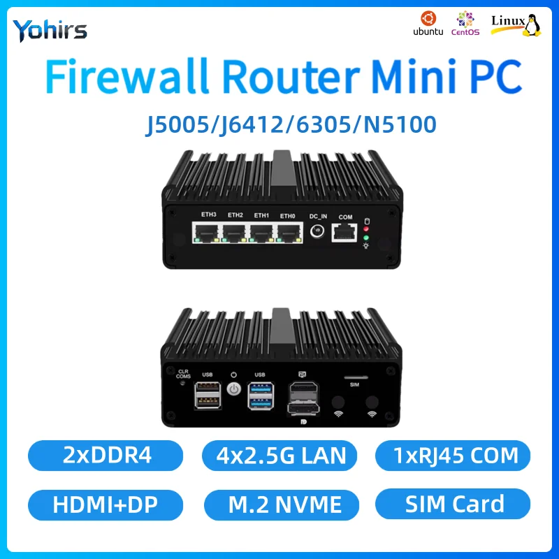 Firewall Soft Router Server Mini Pc 4xIntel I226 2.5GB Lan N100 J6412 J5005 6305 Quad Core Esxi Linux Rugged Appliance SIM PC