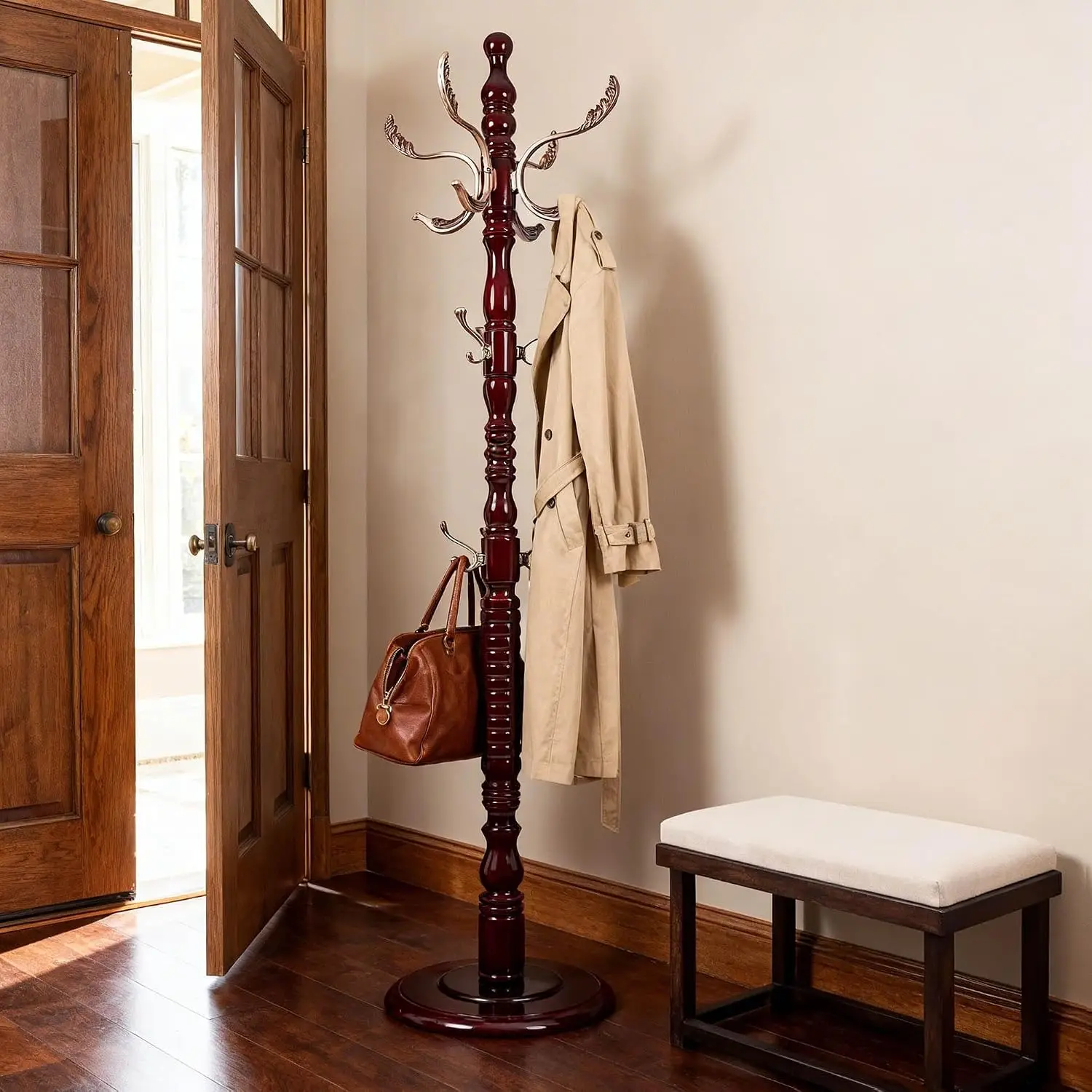 Wooden Coat Rack Freestanding 20 Hooks Adjustable Height Heavy Duty Entryway Solid Wood Hanger Stand Office Bedroom, Customized