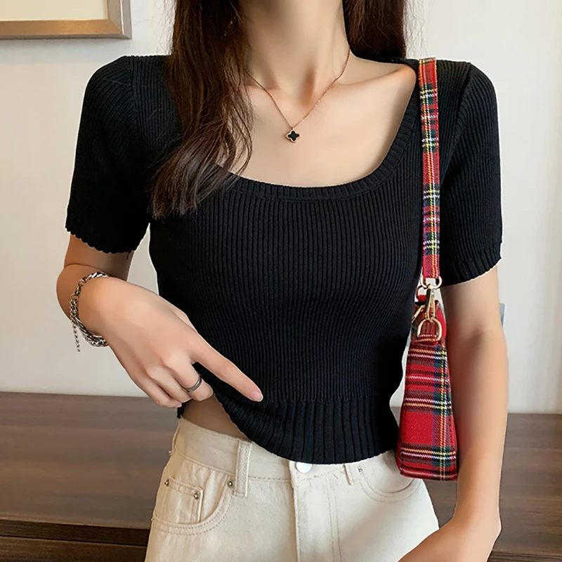 Women Summer Square Collar Solid Casual Top Beach Short Sleeve Knitted Crop Tops Striped Slim Y2K Shirts Tee Spring