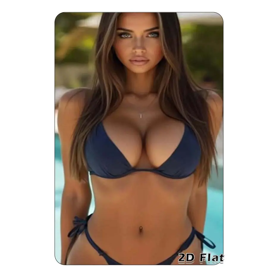 Vintage 2D Metal Tin Sign - Sexy Tanned Girl in Navy Bikini by Pool Wall Decor, Awesome Gift for Room, Home, Bar, Garage