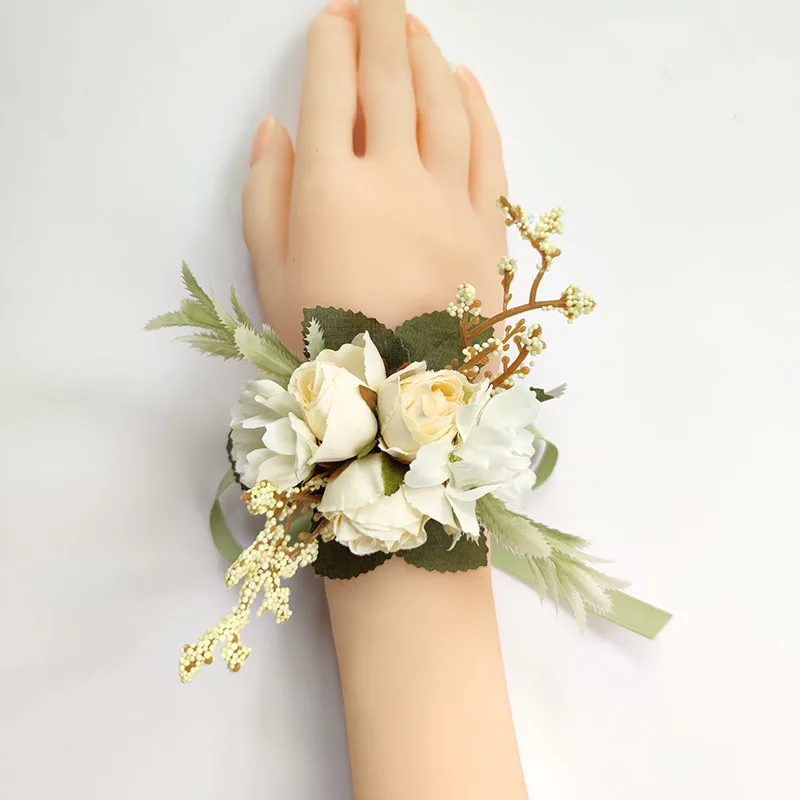 Gelang pengiring pengantin korsase pergelangan tangan pernikahan Boutonniere bunga mawar sutra gelang korsase tangan pernikahan pengiring pria