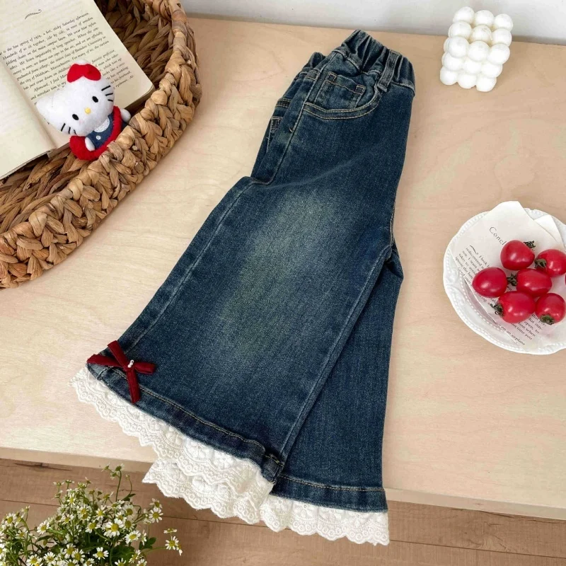 2026 Sweet Girls Bow Jeans Fashion Light Blue High Waist Loose Cowboy Wide Leg Pants Autumn Girls Lace Splicing Denim Trousers