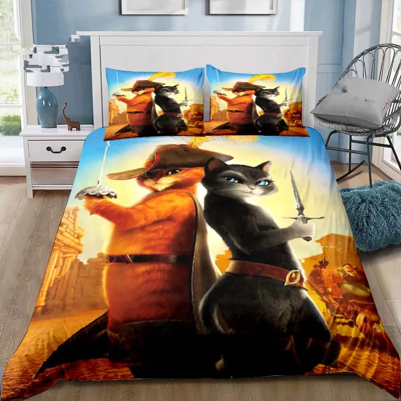 Puss in Boots Brave Cat Cartoon Bedding Set Adult Kid's Bedroom Bed Three-piece Soft Duvet Cover and Pillowcases Birthday Gift