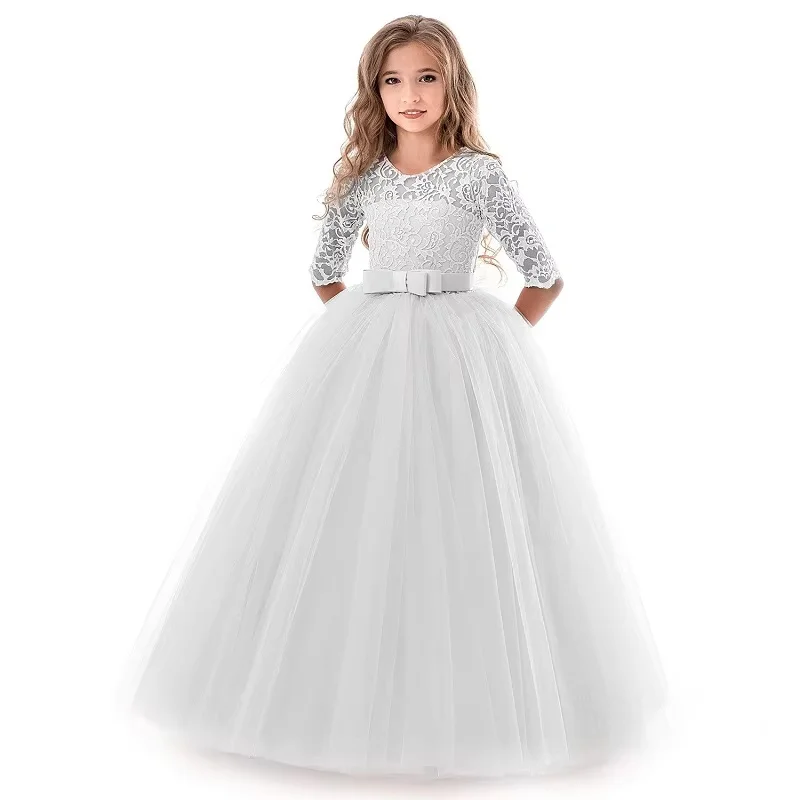 Mädchenkleid 4-14 Jahre Spitze Langarm Prinzessin Party Abendkleid Schleife Hochzeit Geburtstag Gastgeber Auftritt Blumenmädchenkleider