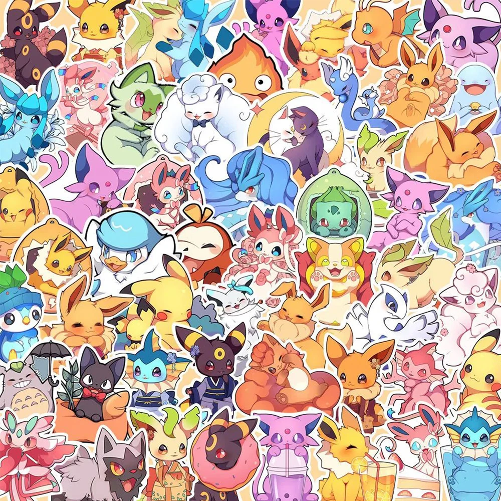 Kawaii Pokemon Cartoon Adesivos para Crianças, Decalque, Graffiti, Skate, Laptop, Telefone, Pikachu Bonito, Anime, Brinquedos, 10 Pcs, 30 Pcs, 50 Pcs, 100Pcs