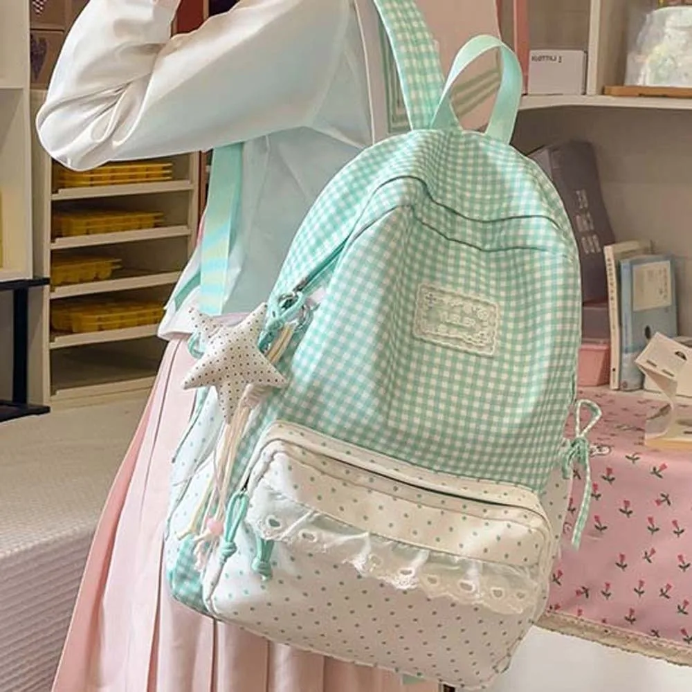 Korean Style Plaid Backpack Pastel Color Lightweight Lace Schoolbag Ruffle Design Zipper Closure Gingham Daypack Comic Con Otaku