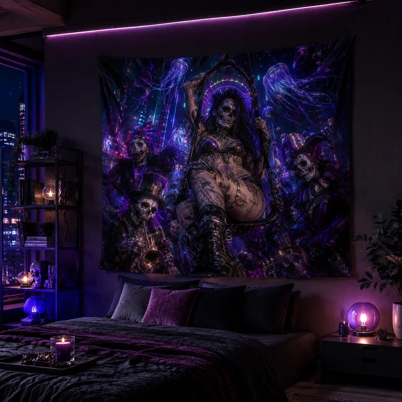 VIKAMA “Mysterious Witchcraft Tapestry on a Thunderstorm Night,” Dark Gothic Bridal Wall Hanging, Atmospheric Home Decor