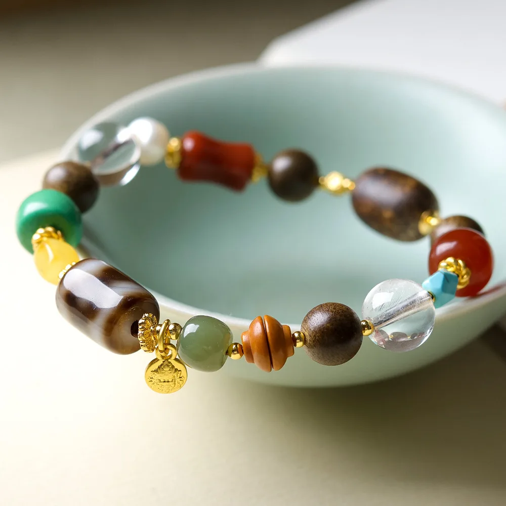 Black Gold Three Eyed Dzi Bead Yellow Agarwood Natural Clear Crystal Multi Treasure Bracelet for Women Gifts