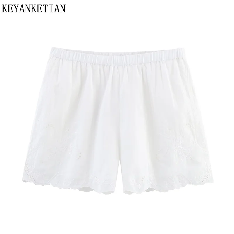 

KEYANKETIAN, новинка лета 2024, женские пижамные стильные широкие брюки с вышивкой, шорты с эластичной резинкой на талии и карманами, шорты