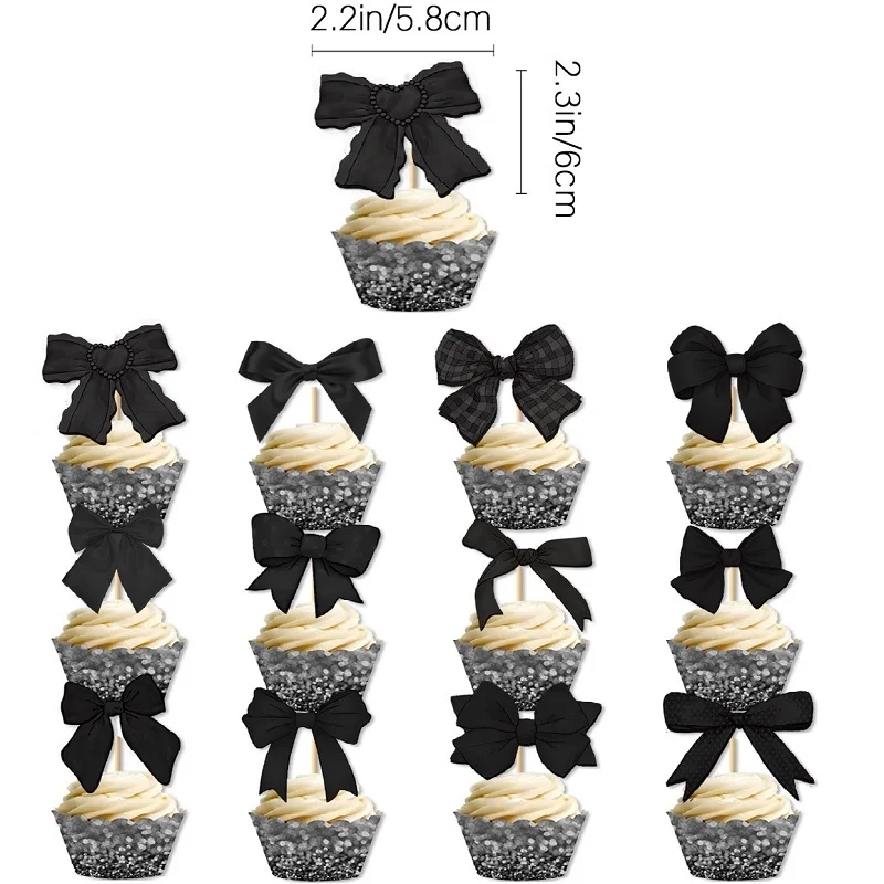 13pcs Black Bow Tie Cake Decoration,Girl\'s Bow Happy Birthday Cake Insert
