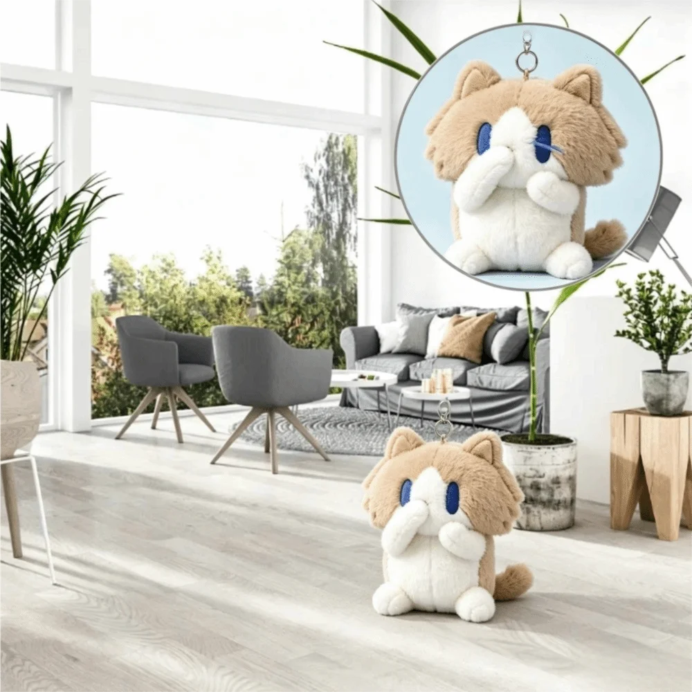 Cute Expression Soft Fluffy Cat Keychain Non Slip Machine Washable Cartoon Cat Kawaii Cute Kitten Stuffed Gift for Women