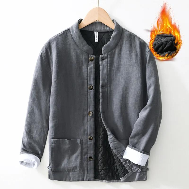 

Chinese Sle Stand Collar Long Sve irt Linen Casual Retro Sle Men's Coat Jaet Loose Fit Winter Warm Inner Layer