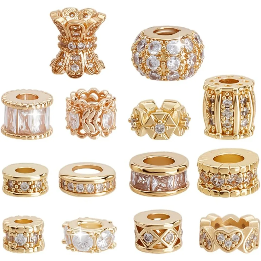 

14pcs 14 Styles Cubic Zirconia Brass Beads Spacer Column Loose Beads with Clear Gemstones for Bracelet Earrings Necklace DIY