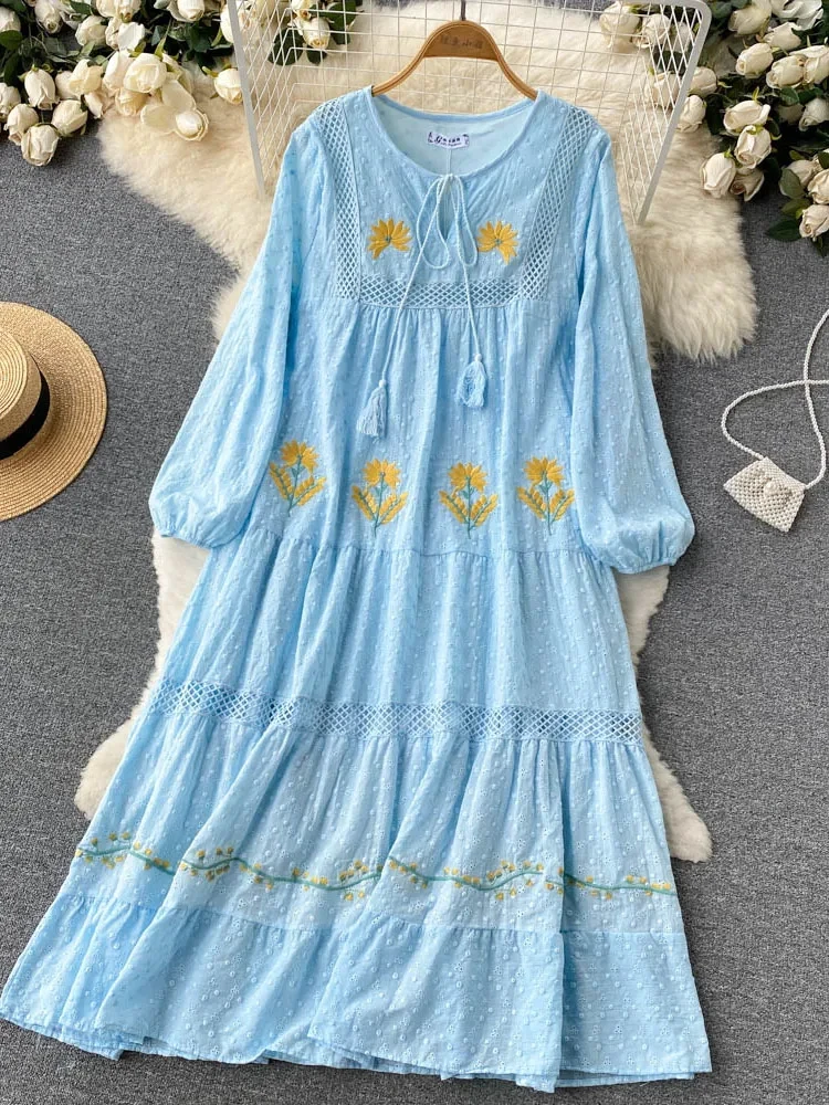 

Spring Autum New Bohemian Holiday Style V Neck Dress Female Puff Sleeves Loose Large Version Mid-Length Vestidos Women D1331