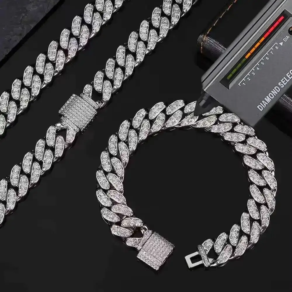 

Ожерелье из кубинских звеньев в стиле хип-хоп 12 мм для женщин, блестящая кубинская цепочка из муассанита с микро-паве из стерлингового серебра 925 пробы