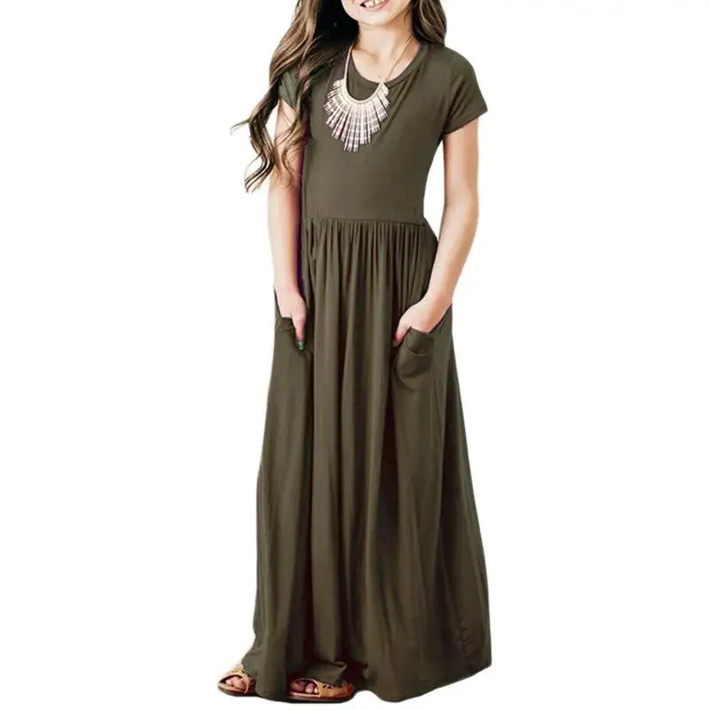 Sommer Mädchen Neue Einfarbig Kurzarm Langes Kleid Strand Party Geburtstag Casual Mode Zeigen Vielseitig A-Line Kleid – Detail 10