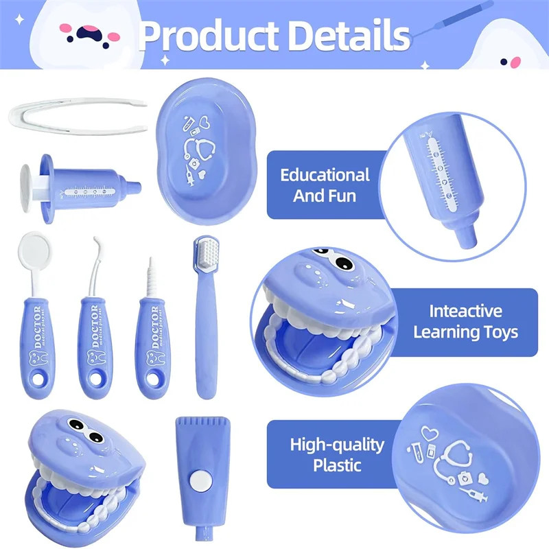 Kit da gioco educativo per dentista in età prescolare con modello di denti Divertente gioco di finzione Kit da dottore per bambini Set da gioco di finzione dentale da 9 pezzi