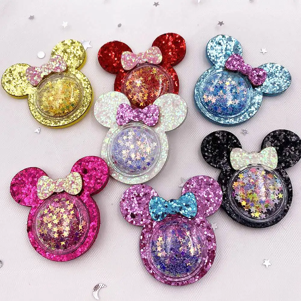 6szt Filcowa tkanina Kolorowy brokat Bepowder Shake Sequins Mouse Patch Applique Sewing DIY Hair Bow Craft Handmade Supplies