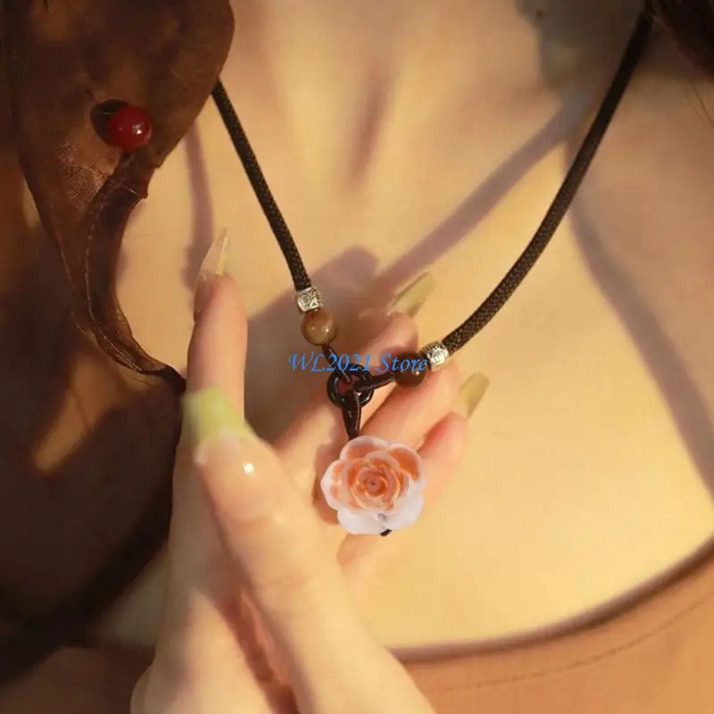 

G5GC Collarbone Chain with Camellia Pendant Necklace Elegant Camellia Flower