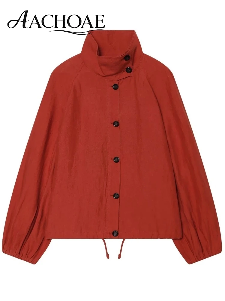 AACHOAE Women High Neck Lightweight Jacket Casual Long Sleeve Windbreaker Coat Drawstring Hem Button Front Short Outerwear