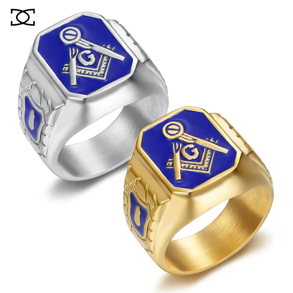 Vintage Gold Blue Color Side for Men's Jewelry Freemason Symbol G Templar Freemasonry Male Stainless Steel Rings