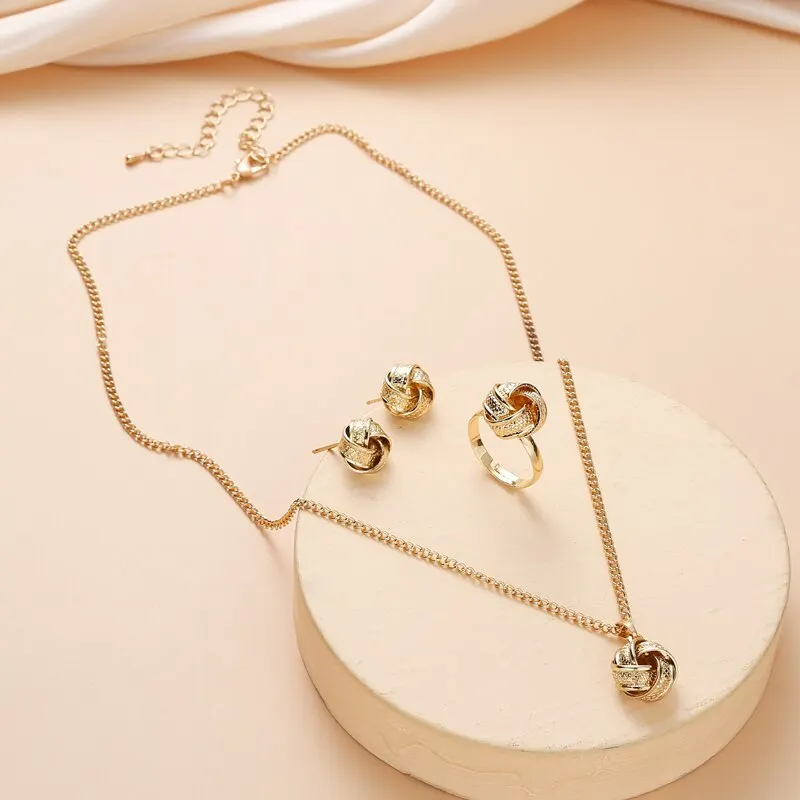 Gold-Color Ball Shape Jewelry Sets Copper Trendy Fashion Style Adjustable Chain Rings Necklace For Woman On Party Wedding