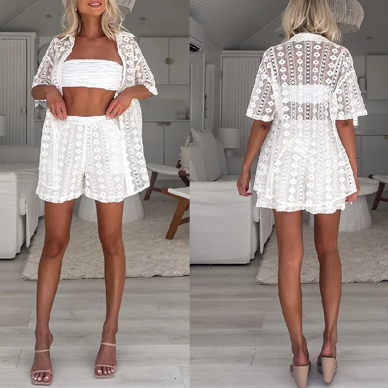 

2026 New Casual White Lace Hollow Short Sleeve Cardigan + Shorts Two-piece Set Dress Elegant Party Clothing Sexy Beach