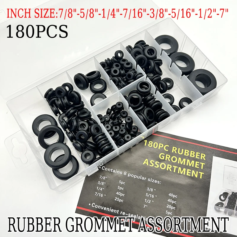 

180Pcs Dustproof Black Rubber Hole Grommet Kit Abrasion-Resistant Wire Protectors Sealing Rings for Machinery Electrical Boxes