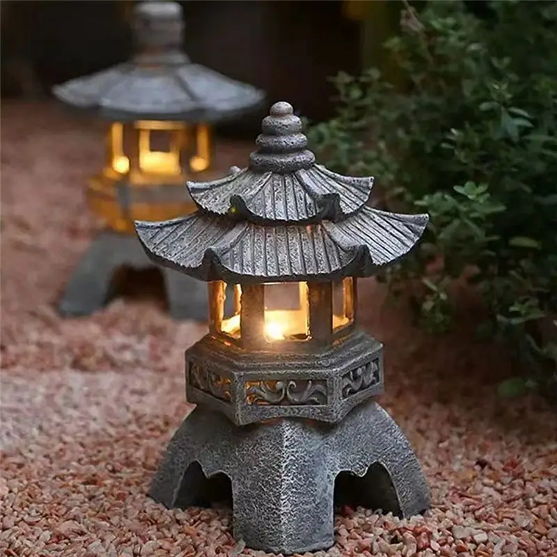 ABVT-Garden Accessory Ornament Solar Powered Resin Pagoda Lantern Palace Lanterns Tower Statue Solar Lamp Garden Decor A Easy To