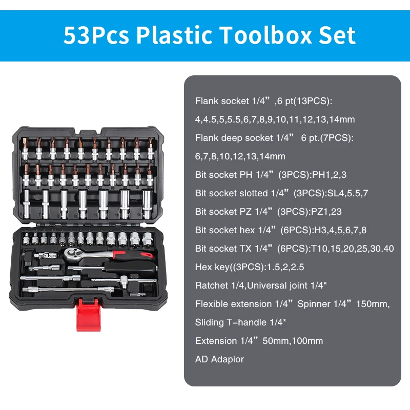 53PCS 1/4' Ratchet Socket Wrench Tools Set  For Auto repairing