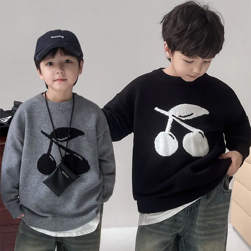 2024 New Cherry Sweater For Baby Girl Kids Grey Thermal Knitted Wear For Children Kids Luxury Boys Sweater Wool Top