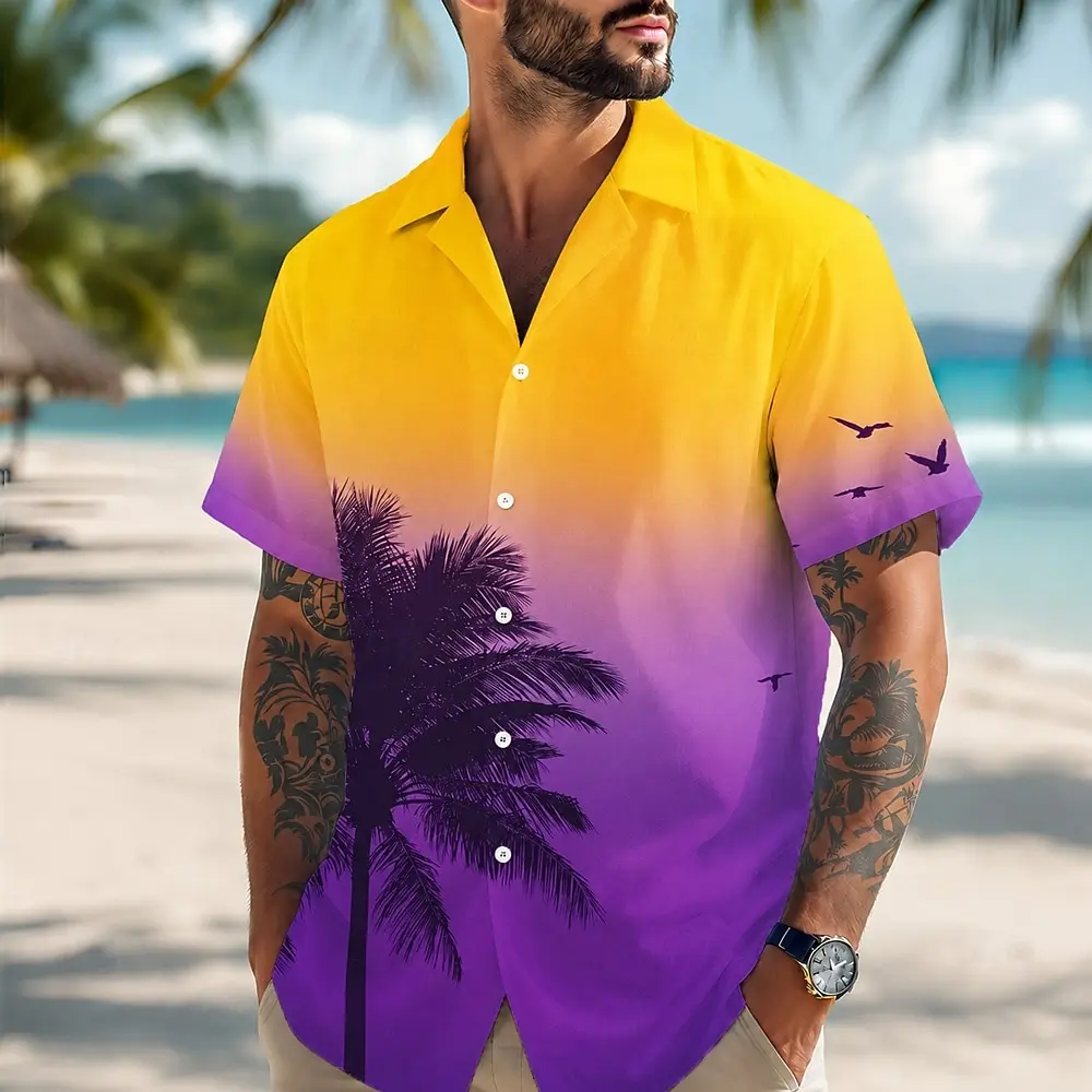 

Men's Short Sleeve Button Down Shirt, Palm Tree Seagull Print, Loose Casual Fit for Spring Summer Beach Daily Vacation Outfits