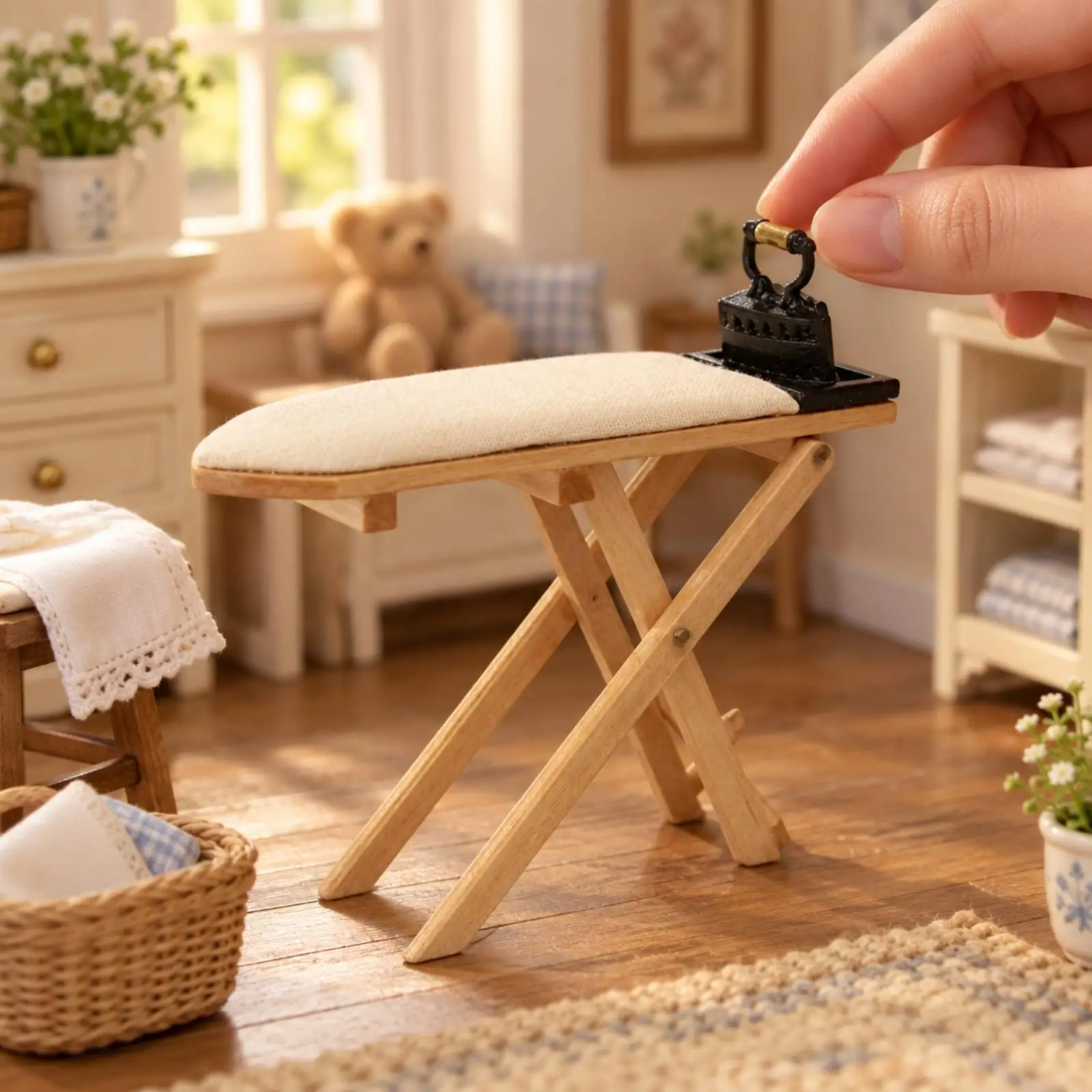 1:12 Scale Dollhouse Ironing Board Wooden Miniature Ironing Board with Metal Iron Padded Foldable for Diorama Makers