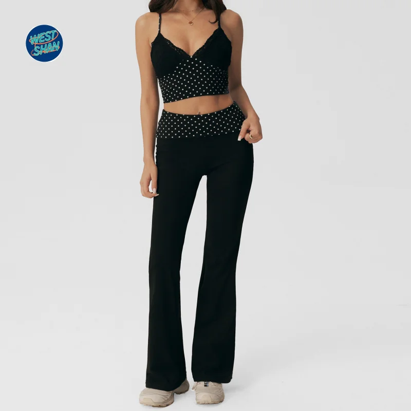 WESTSHAN Luxury Quality Athleisure Yoga Wear Set Polka-Dot Camisole Top Sports Bra High-Waist Flared Pants Pilates Workout Set