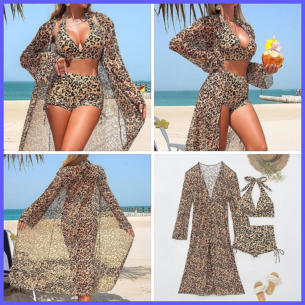 

Leopard Print 3-Piece Brazilian Bikini Set - Sexy Women's Swimwear for Beach & Pool