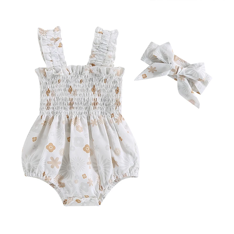 

Baby Girls Summer Casual Romper Sleeveless Ruched Floral Print Playsuit with Headband