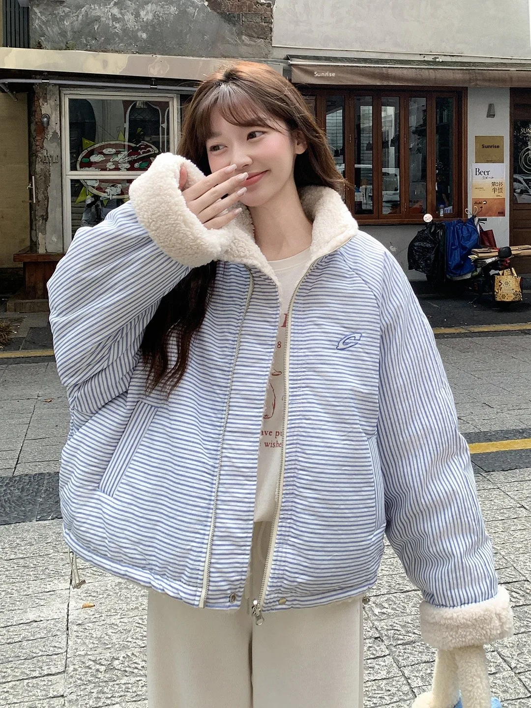 

Thickened Lamb Fur Cotton Jacket Women's Style Double-Sided Wear Winter Korean System Cotton Coat Warm Comfortable Zipper Clo...