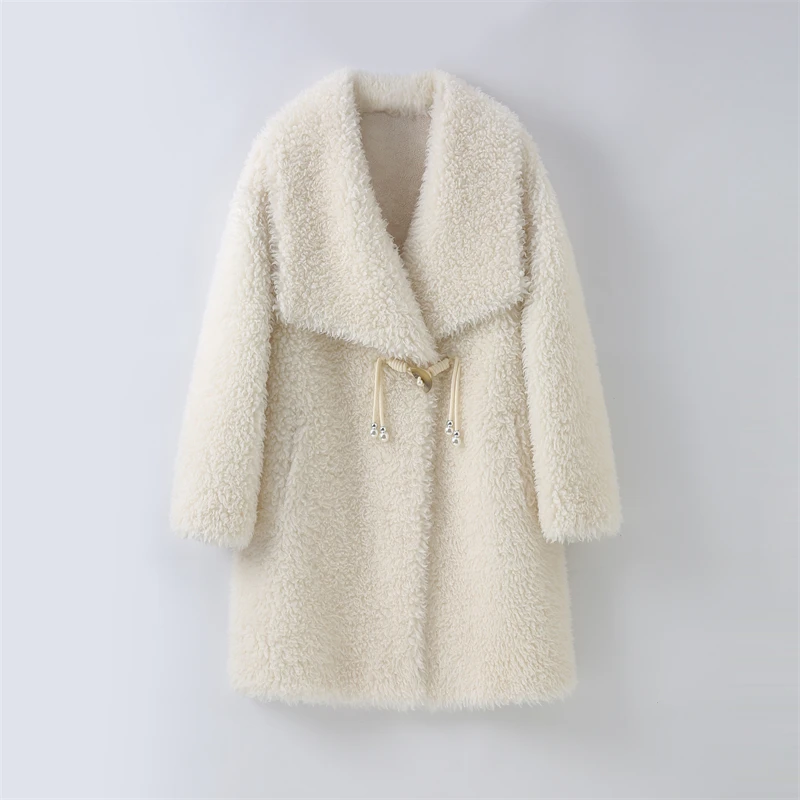 

2023 New Women's Sheep Shearling Winter Long Coat Female Lady Wool Fur Polyester Lining Warm Parka H2391