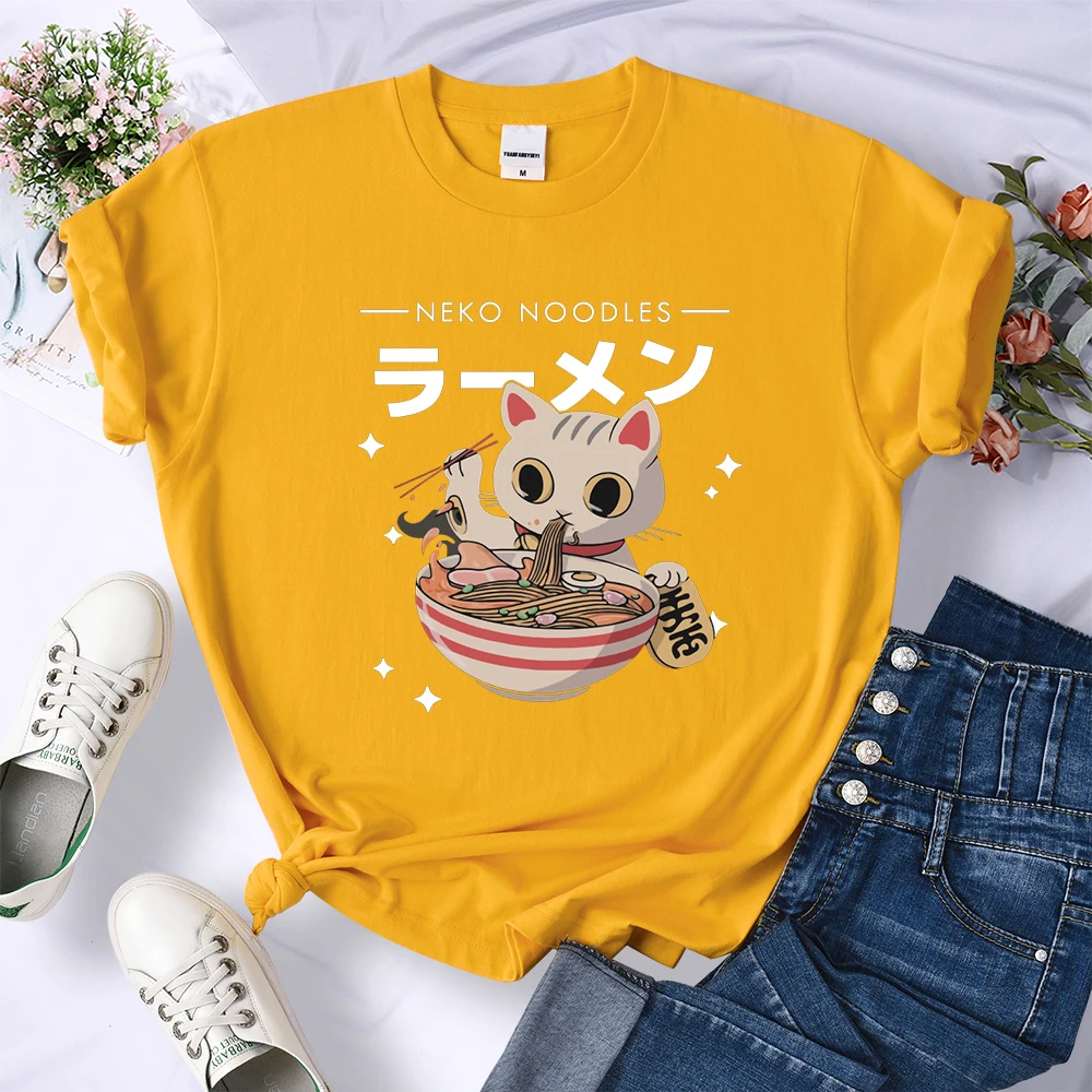Harajuku Cat Neko Noodles Ramen Tee Shirts Summer Breathable Clothing Crewneck Women Personality Tops Fashionable Loose T-Shirt