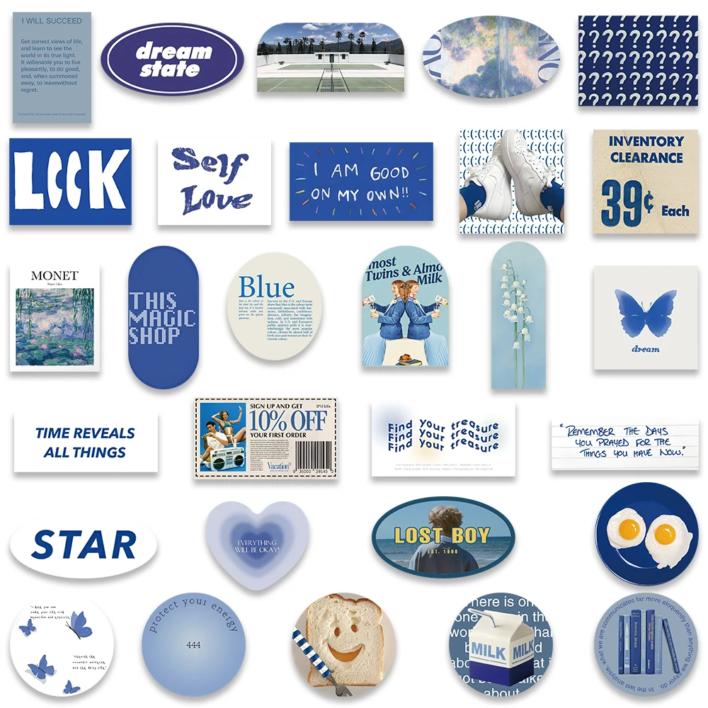 57pcs Blue Korean Ins Style Stickers Aesthetic Phone Motorcycle Travel Luggage Guitar Skateboard Bottle Waterproof Sticker