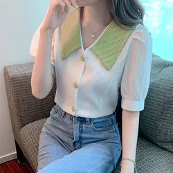 Fashion Contrasting Colors Sweet Puff Sleeve Shirt Summer Women's Clothing Peter Pan Collar Chiffon Button Blouses Young Style