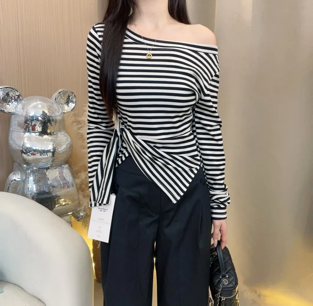 2026 Nuovo Inverno T Shiirt Donne Lrregolare Fessura Vita Sottile Tee Shirt Moda Coreana Spalla Inclinata A Maniche Lunghe Tshirt Vestiti