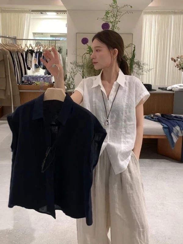 

French Style Collar Cotton Linen Women's Shirt Short Sleeve Loose Fit Breathable Slimming Unique Top for Summer 2026